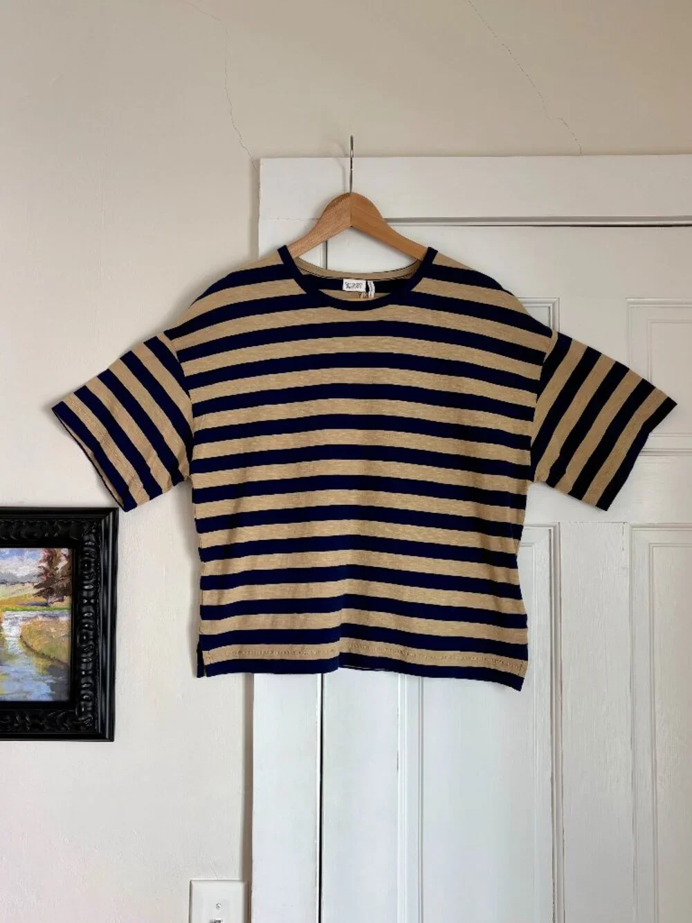 Toast Bold Stripe Cotton Boxy Tee in Blue/Sand - Sz. Small - Brand New with Tags - Picture 2 of 13